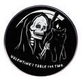 Gothic Valentine's Table for Two pin featuring Reaper and black cat on metal badge - Grim Reaper Black Cat