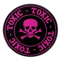 Pink skull and crossbones badge with TOXIC lettering on a round black metal pin - Pink Skull (Toxic)