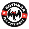 Round Mothman for President enamel pin with red eyes and patriotic stars on a white background - Mothman President