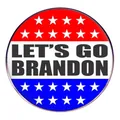 Round Let's Go Brandon metal pin with American flag colors and white stars - Red White Blue Slogan Style