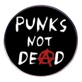 Spilla tonda in metallo Punks Not Dead con simbolo anarchia rosso su fondo nero - Il Punk Non è Morto