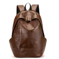 Minimalist dark brown PU leather backpack with geometric textured patchwork patterns - Brown