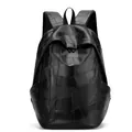 Minimalist black PU leather backpack featuring geometric patchwork design and glossy finish - Black