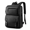 Minimalist black leather business backpack for men with large capacity and silver buckles - Black