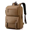 Waterproof business laptop backpack in vintage brown leather with multi-pocket design - Khaki