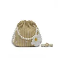 Beige Strohtasche mit Perlengriff, Gänseblümchen-Detail und verstellbarem Gurt - Perlengriff / Khaki Gänseblümchen