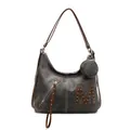 Borsa tote vintage in tela grigio scuro con finiture in pelle marrone e logo M con borchie - Marrone Scuro