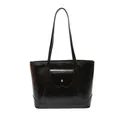 Minimalist black tote bag with silver buckle flap pocket and dual shoulder straps - Black