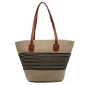 Light beige straw tote bag with black horizontal stripes and brown leather handles - Black Horizontal Stripe Style (1)