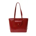 Minimalist burgundy faux leather tote bag with front pocket and metallic buckle detail - Red