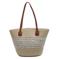 Handwoven straw tote bag with white hollow mesh pattern and brown leather handles - Color Block Hollow Style (3)
