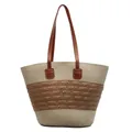 Large beige woven straw tote bag with brown faux leather straps and wavy texture - Wave Pattern Woven Style (4)