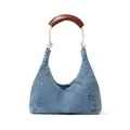 Blue denim crescent hobo bag with rope handle and leather grip on white background - 34*31*13 / Light Blue