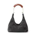 Retro washed black denim crescent shoulder bag with white cotton rope handle and leather padding - 34*31*13 / Black