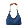 Blue denim hobo shoulder bag with white cotton rope handle and brown leather grip - 34*31*13 / Dark Blue