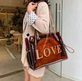 Brown transparent PVC tote bag with LOVE lettering and inner drawstring pouch - Red Brown