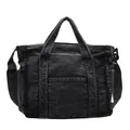 Black washed denim tote bag with adjustable shoulder strap and utility pockets - Black