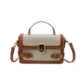 Brown leather and beige woven patchwork crossbody bag with golden metal turn-lock - Brown