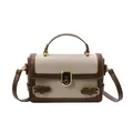 Retro two-tone cream fabric and brown leather crossbody square bag with gold hardware - Coffee