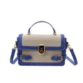 Blue and cream contrast small square handbag with gold buckles and crossbody strap - Blue