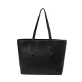 Bolso tote clásico de cuero negro con textura de lichi y correas finas para el hombro - Negro