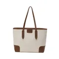 Bolso tote grande beige con adornos de cuero marrón y detalles en contraste - Blanco