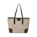 Bolso tote beige con asas marrones y parche de cuero grabado en piel sintética texturizada - Blanco Roto