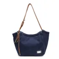 Large dark blue denim tote bag with thick woven rope shoulder strap and metal tag - Dark Blue
