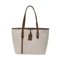Sac fourre-tout beige minimaliste avec poignées marron et texture cuir grainé classique - Blanc