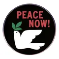 Peace Now! badge featuring a white dove with olive branch on a black background - Black Peace Dove Style