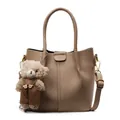 Chic light brown litchi leather tote bag with cute bear charm and gold-tone hardware - With Pendant / Khaki
