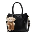 Chic black litchi pattern bucket bag with cute teddy bear charm and gold hardware - With Pendant / Black