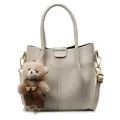 Creamy white lychee texture underarm tote bag with a cute bear plush pendant charm - With Pendant / Off White