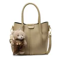 Beige lychee pattern bucket bag with teddy bear pendant and adjustable strap - With Pendant / Yellow