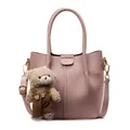Pink lychee grain leather underarm bag with a brown bear plush toy accessory - Pink