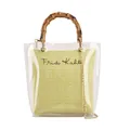 Transparent PVC tote with bamboo handle and green woven pouch featuring gold chain - Green