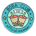 Enamel Boba Tea Club brooch with teal background, stars, and cute bubble tea design - Boba Club