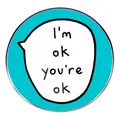 Blue enamel pin featuring a white dialogue bubble with I'm OK You're OK lettering - I'm Fine You're Fine.