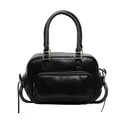 Borsa a mano Boston in pelle nera classica con dettagli dorati e tasca con cerniera - Nero