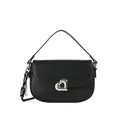 Elegant black leather shoulder bag with silver heart buckle and rope charm detail - Black
