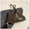 Retro dark coffee large capacity leather tote bag with decorative zippers for women - No Pendant / Brown