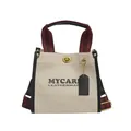 Off-white canvas tote with black leather trim, striped handles and metal turn-lock - Large / Black Large
