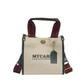 Canvas tote bag in beige fabric with dark green leather trim and striped shoulder strap - Large / Green Large