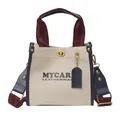 Retro canvas tote bag in beige and navy leather with burgundy striped straps - Large / Blue Large