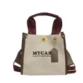 Canvas tote bag with leather trim, red striped straps and brass turn-lock closure - Large / Coffee Large