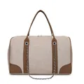 Detail view of the large canvas tote bag with brown leather handles and dual zipper closure - Khaki