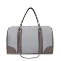 Detail of woven fabric canvas tote with leather corners and metal chain accents - Gray