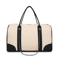 Large contrast canvas travel tote with black leather trim and silver chain decor - Black and White