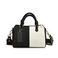 Minimalist black and white colorblock Boston pillow bag with striped wide shoulder strap - Black and White