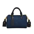 Detail of denim Boston bag featuring black leather trim and polished gold hardware - Blue